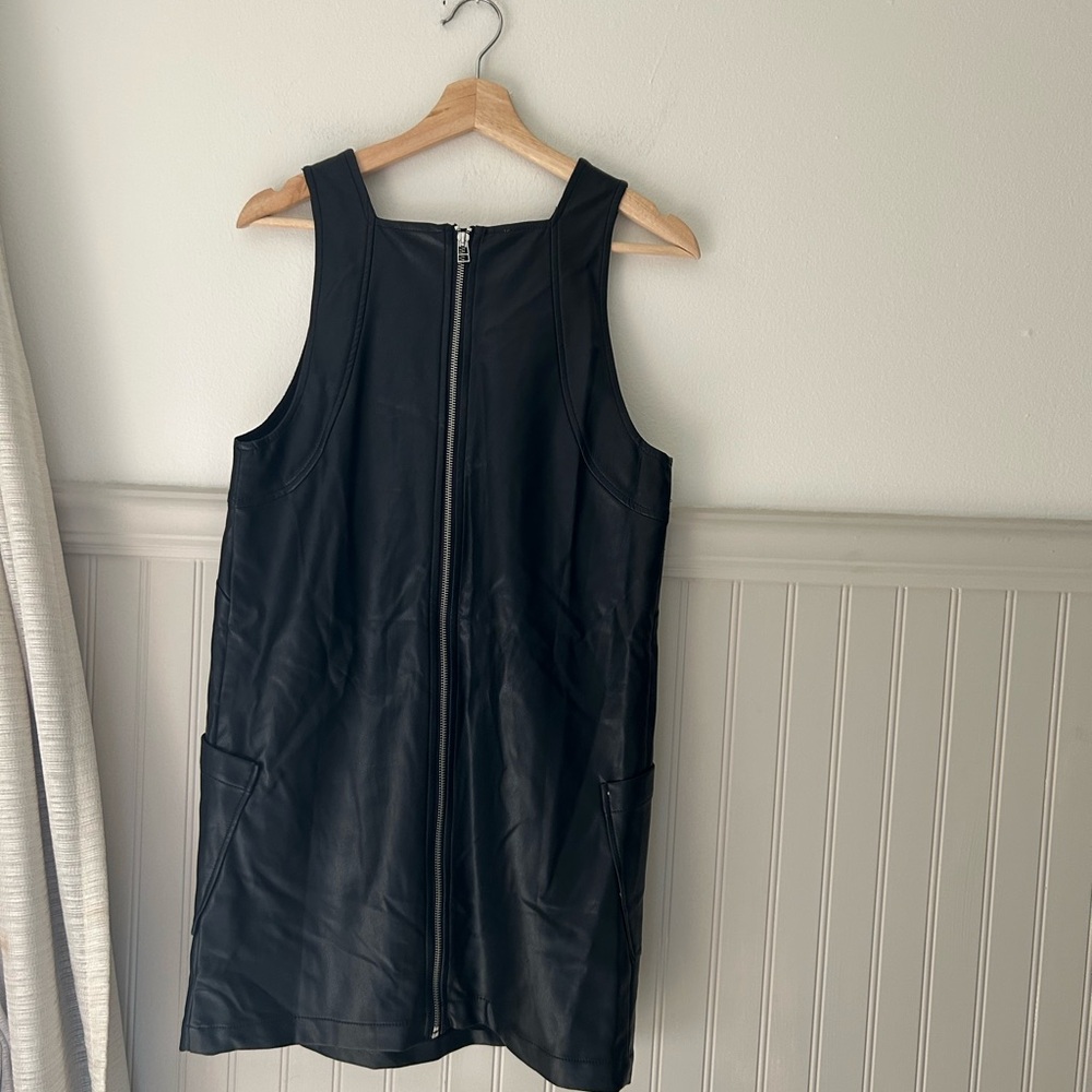 ⭐️ NEW Maeve Anthropologie Small Black Faux Leather Mini Dress With Pockets - Picture 11 of 13